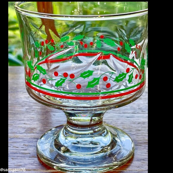 🆕VTG▪️LIBBEY▪️ARBY'S Set of 9 Holly & Berry Gold Trim Stemmed Dessert Glasses - Picture 3 of 6